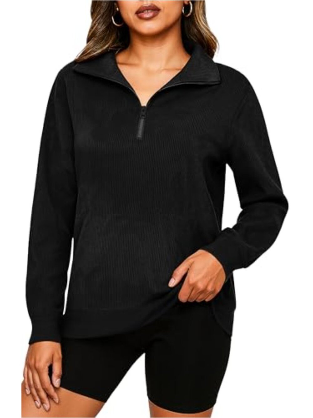 Quarter Zip Corduroy Sweatshirt Mock Neck Kangaroo Pocket Pullover